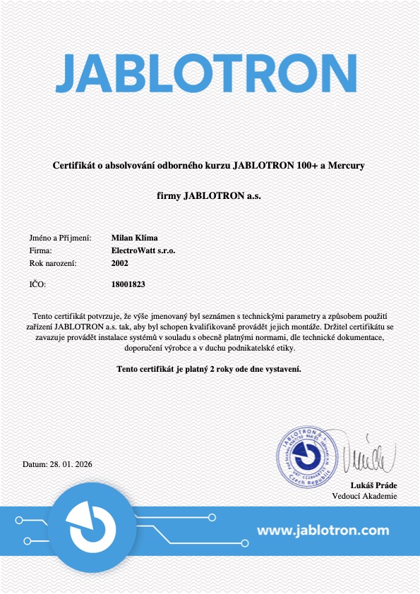 Certifikát JABLOTRON 100+ a Mercury